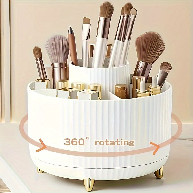 360° Rotating Makeup Organizer - 1pc Plastic Cosmetic Storage with 5 Compartments - Multi-Functional Holder for Brushes, Lipsticks, Skin Care Products, and Stationery - Durable Unscented Desk Caddy with Stripe Design