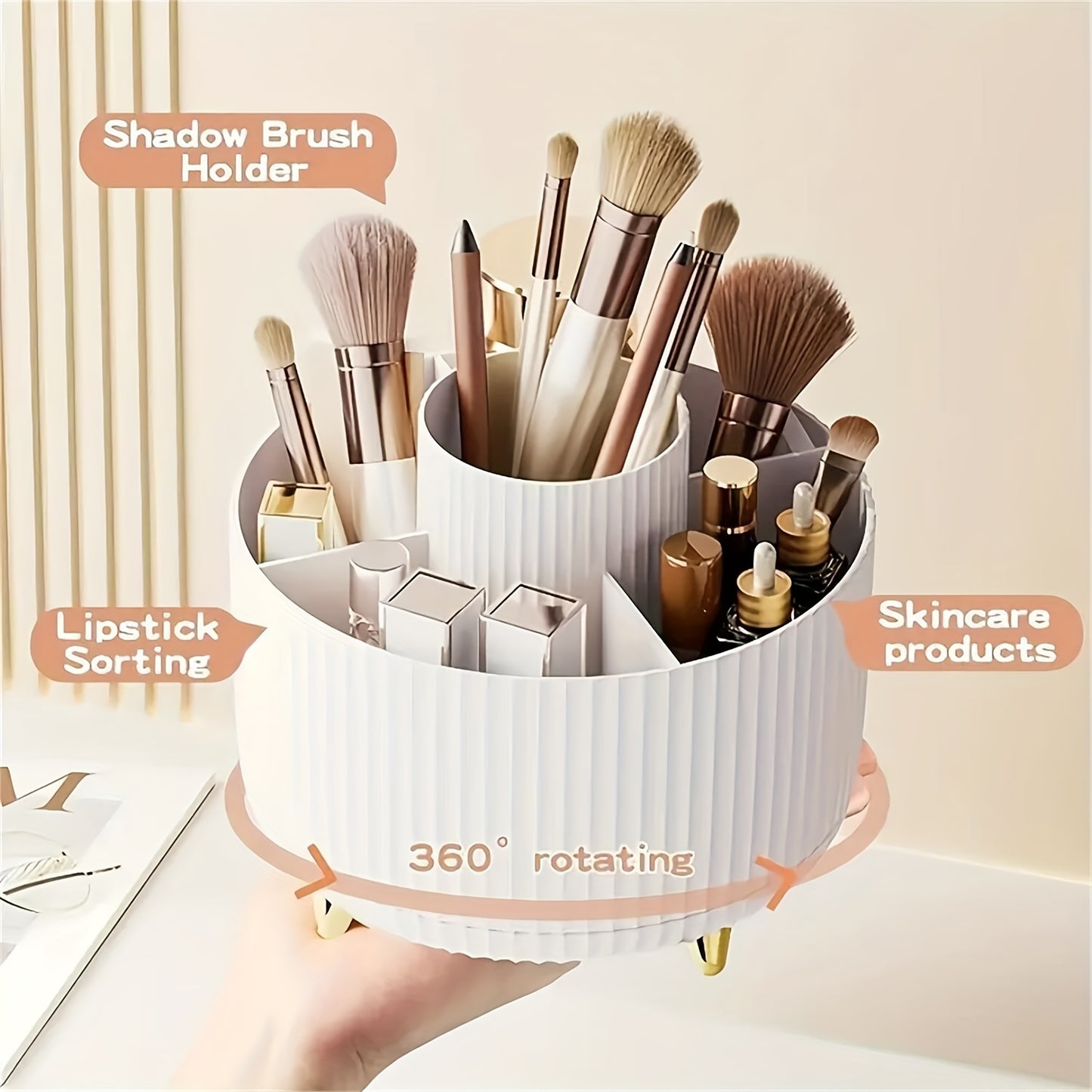 360° Rotating Makeup Organizer - 1pc Plastic Cosmetic Storage with 5 Compartments - Multi-Functional Holder for Brushes, Lipsticks, Skin Care Products, and Stationery - Durable Unscented Desk Caddy with Stripe Design