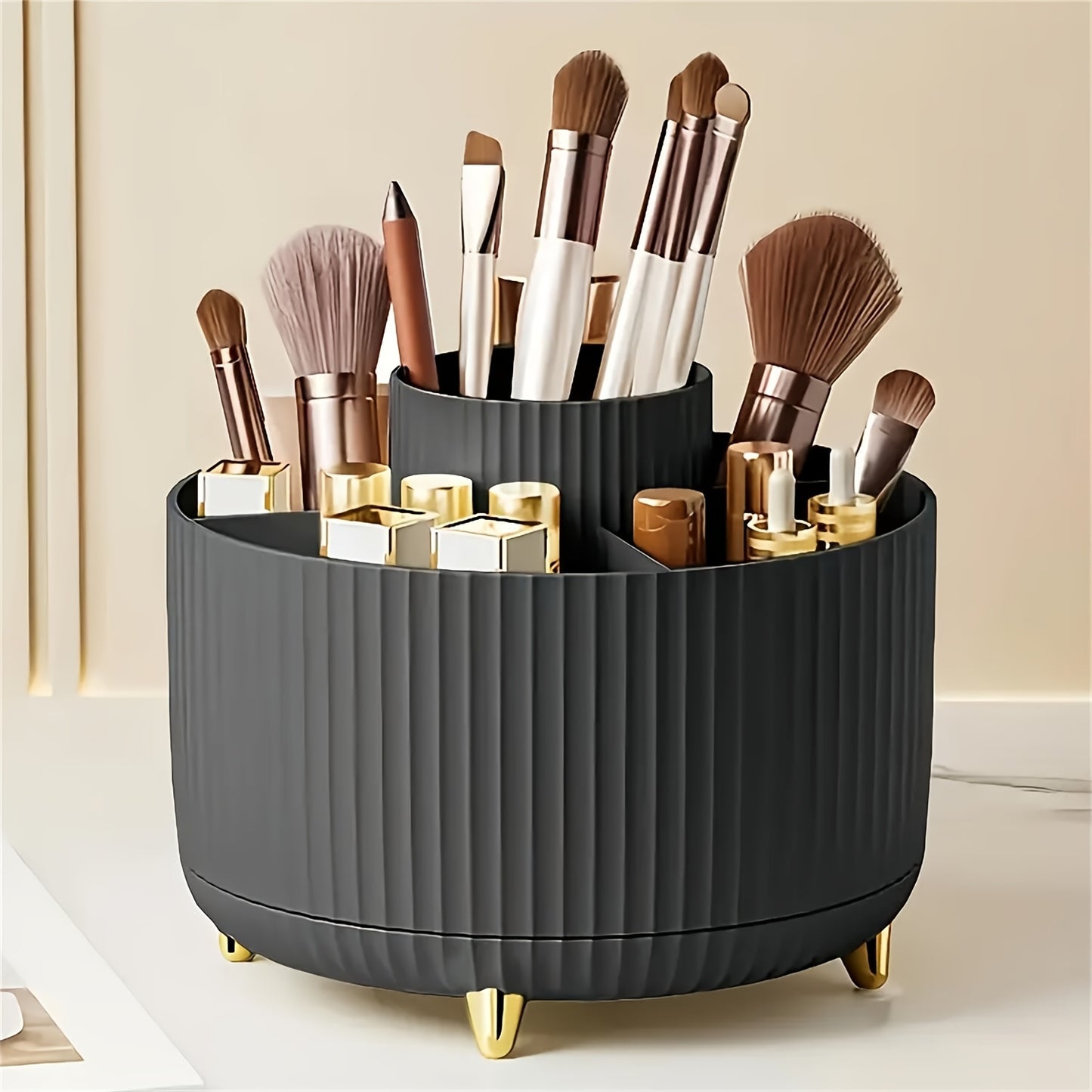 360° Rotating Makeup Organizer - 1pc Plastic Cosmetic Storage with 5 Compartments - Multi-Functional Holder for Brushes, Lipsticks, Skin Care Products, and Stationery - Durable Unscented Desk Caddy with Stripe Design