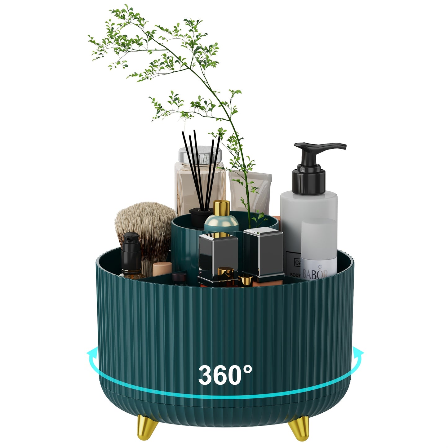360° Rotating Makeup Organizer - 1pc Plastic Cosmetic Storage with 5 Compartments - Multi-Functional Holder for Brushes, Lipsticks, Skin Care Products, and Stationery - Durable Unscented Desk Caddy with Stripe Design