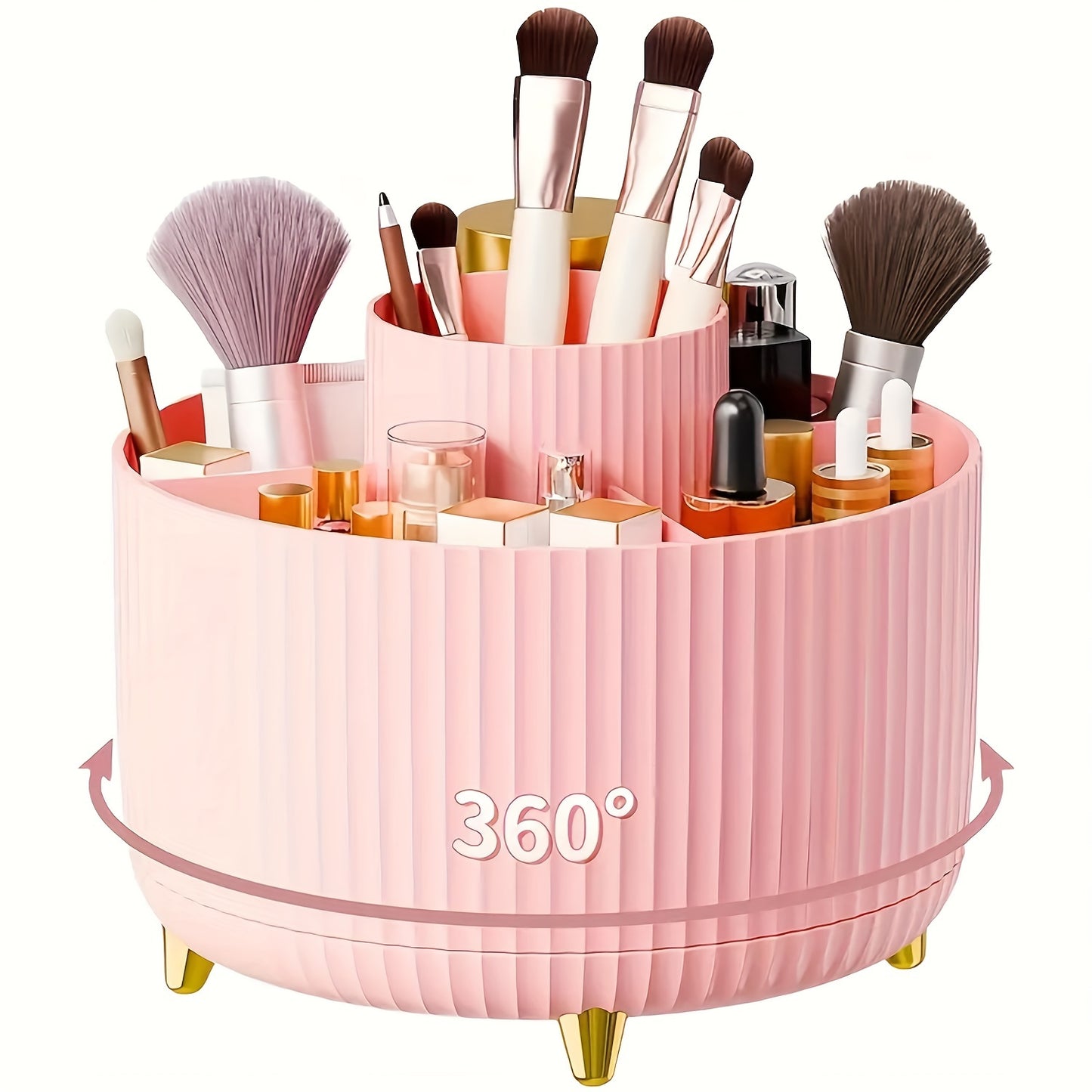 360° Rotating Makeup Organizer - 1pc Plastic Cosmetic Storage with 5 Compartments - Multi-Functional Holder for Brushes, Lipsticks, Skin Care Products, and Stationery - Durable Unscented Desk Caddy with Stripe Design