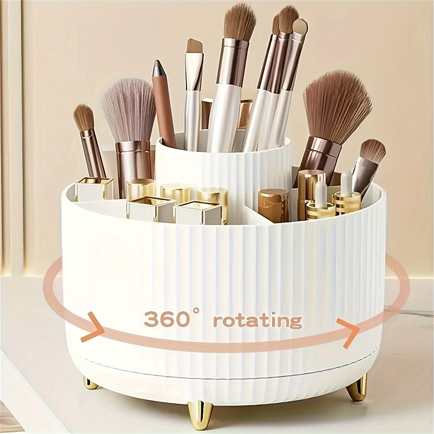 360° Rotating Makeup Organizer - 1pc Plastic Cosmetic Storage with 5 Compartments - Multi-Functional Holder for Brushes, Lipsticks, Skin Care Products, and Stationery - Durable Unscented Desk Caddy with Stripe Design