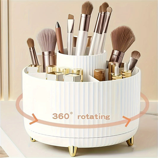 360° Rotating Makeup Organizer - 1pc Plastic Cosmetic Storage with 5 Compartments - Multi-Functional Holder for Brushes, Lipsticks, Skin Care Products, and Stationery - Durable Unscented Desk Caddy with Stripe Design