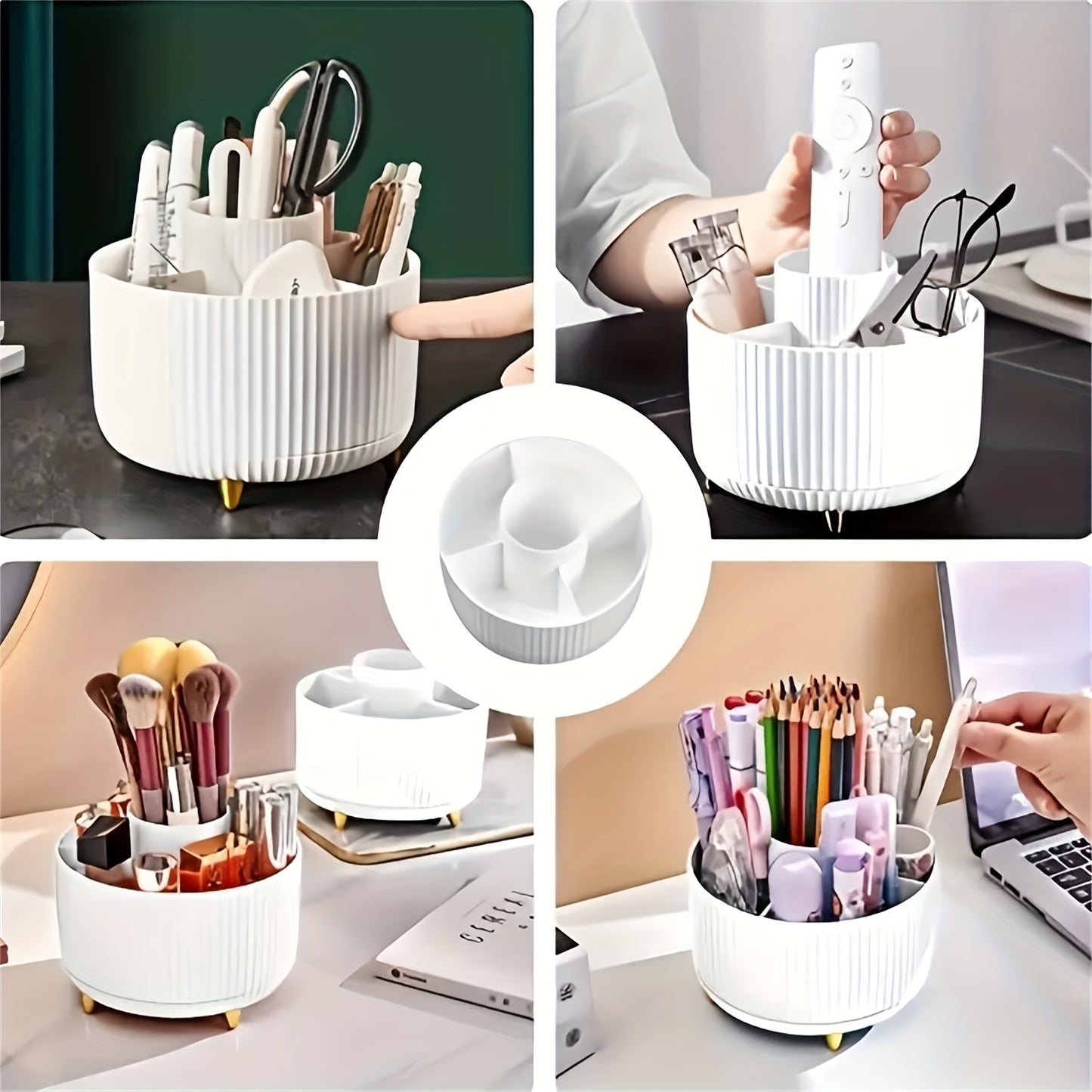 360° Rotating Makeup Organizer - 1pc Plastic Cosmetic Storage with 5 Compartments - Multi-Functional Holder for Brushes, Lipsticks, Skin Care Products, and Stationery - Durable Unscented Desk Caddy with Stripe Design