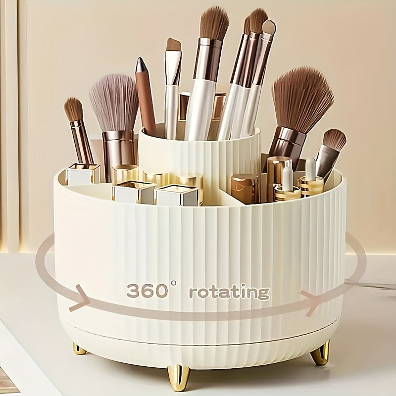 360° Rotating Makeup Organizer - 1pc Plastic Cosmetic Storage with 5 Compartments - Multi-Functional Holder for Brushes, Lipsticks, Skin Care Products, and Stationery - Durable Unscented Desk Caddy with Stripe Design